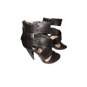 Michael Kors Black Peep Toe Strappy Leather Bootie High Heels Size 7